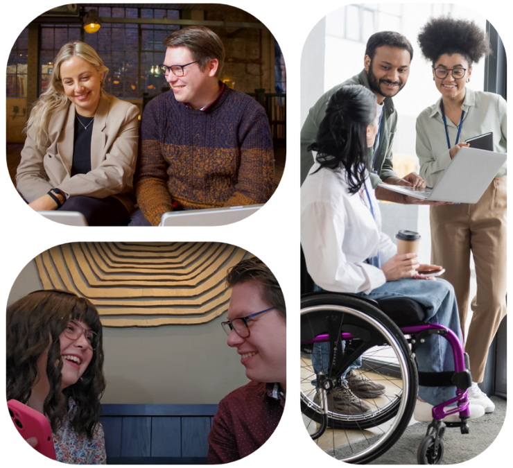 Group of three images, showing team members laughing and talking about us at Inkfire.